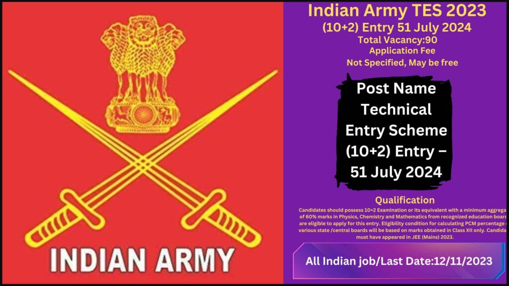 Indian Army TES 2023 (10+2) Entry 51 July 2024 Best 90 Posts Apply Online